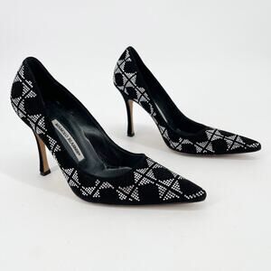 Manolo Blahnik Black Suede Crystal Embellished Pointed Toe Pumps Heels IT 39.5